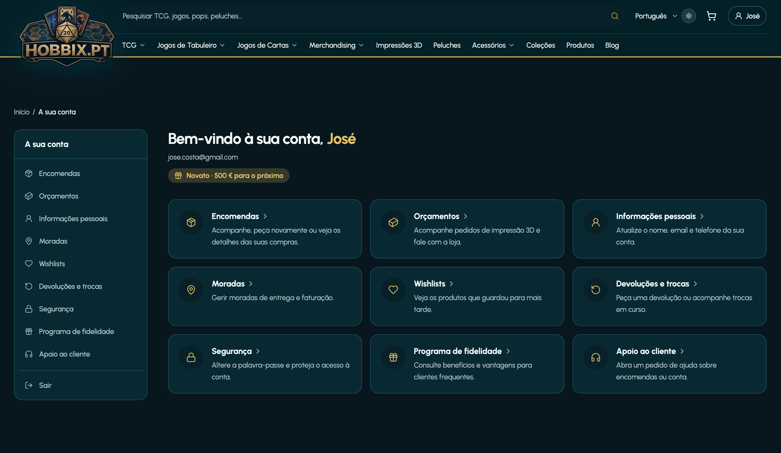 A tua conta, com a encomenda e os dados juntos.